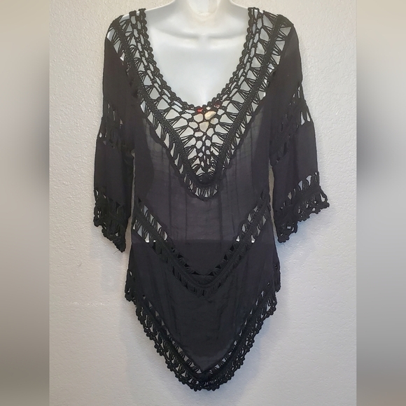 💚5/$25 Black Crochet Long Tunic Top Coverup Boho Festival Off The Shoulder - Picture 5 of 9